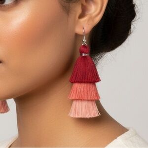Boho Ombre Tassel Earrings | Red Coral Pink Tiered Drops